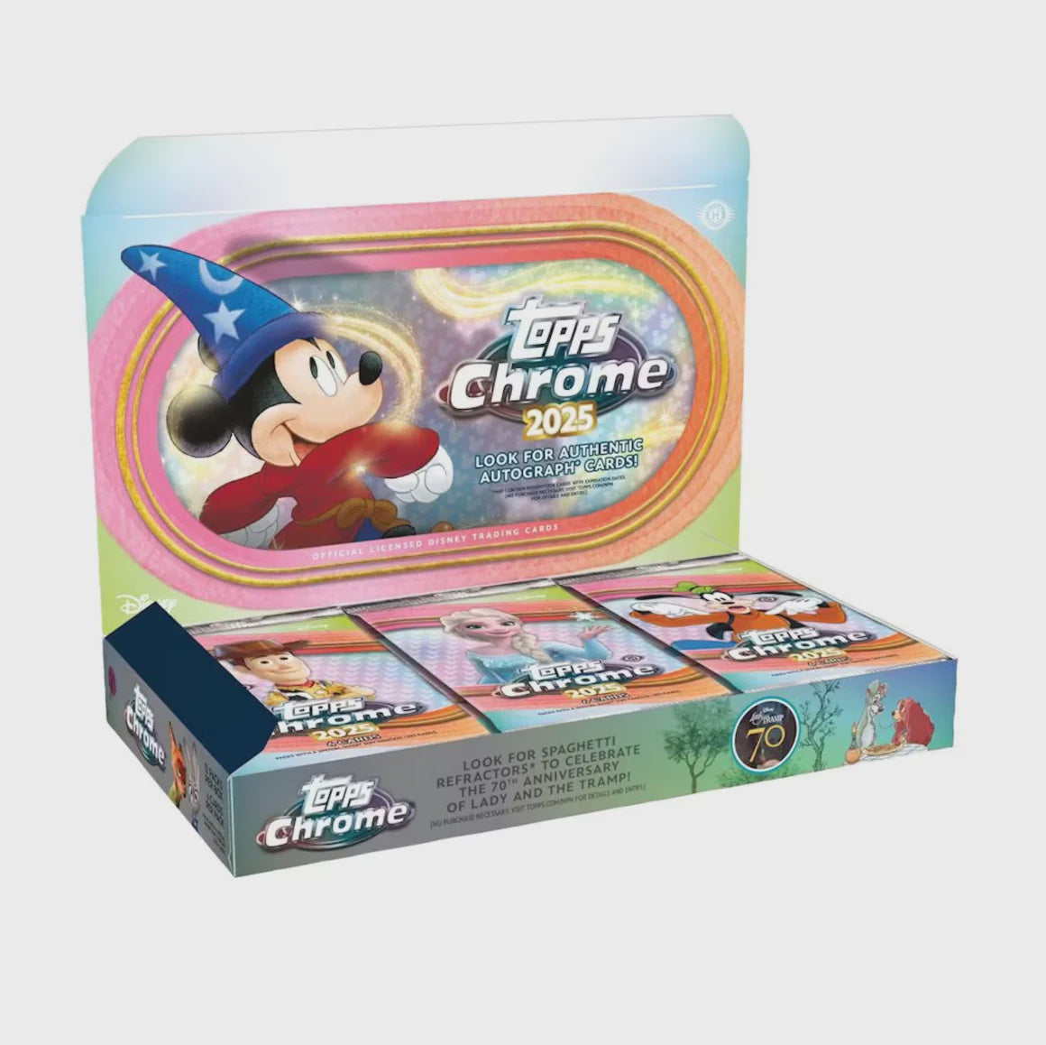2025 Topps Disney Chrome Hobby Box featuring Disney and Pixar characters, Chrome parallels, autograph cards and sketch cards.