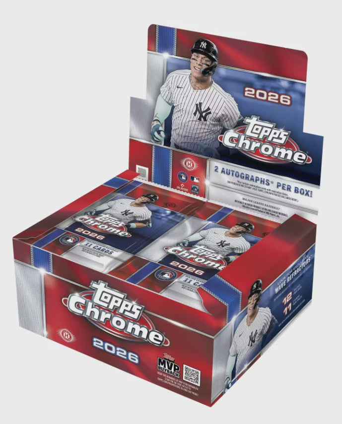 Factory sealed 2026 Topps Chrome Baseball Hobby Jumbo Box pre-order containing 12 packs with 11 cards per pack and two autographs per box on average.