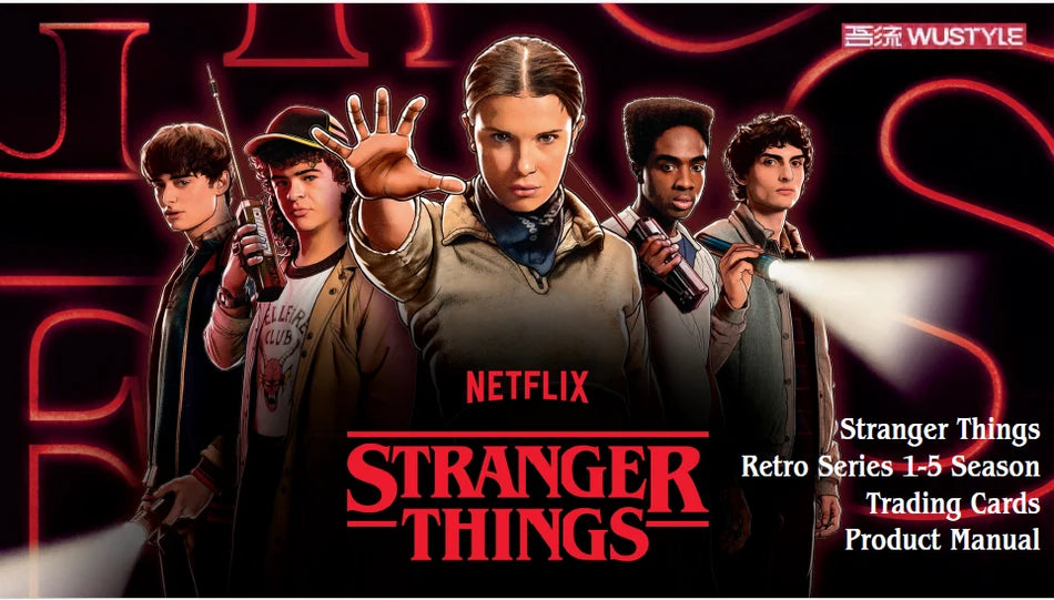 Front of WUSTYLE Retro Stranger Things Seasons 1-5 Trading Cards Collector Box