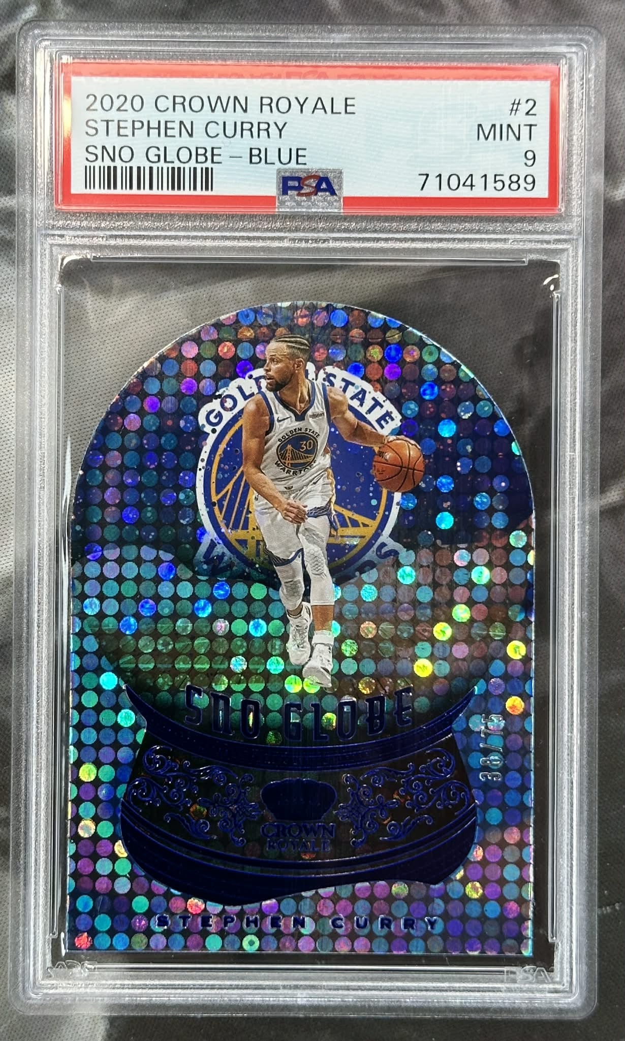 2020-21 Panini Crown Royale Snow Globe Blue Stephen Curry #2 serial numbered /75 PSA 9 Mint graded basketball card