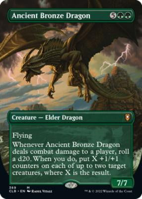 Ancient Bronze Dragon borderless foil Magic: The Gathering card with full-art illustration of a massive green dragon in flight.