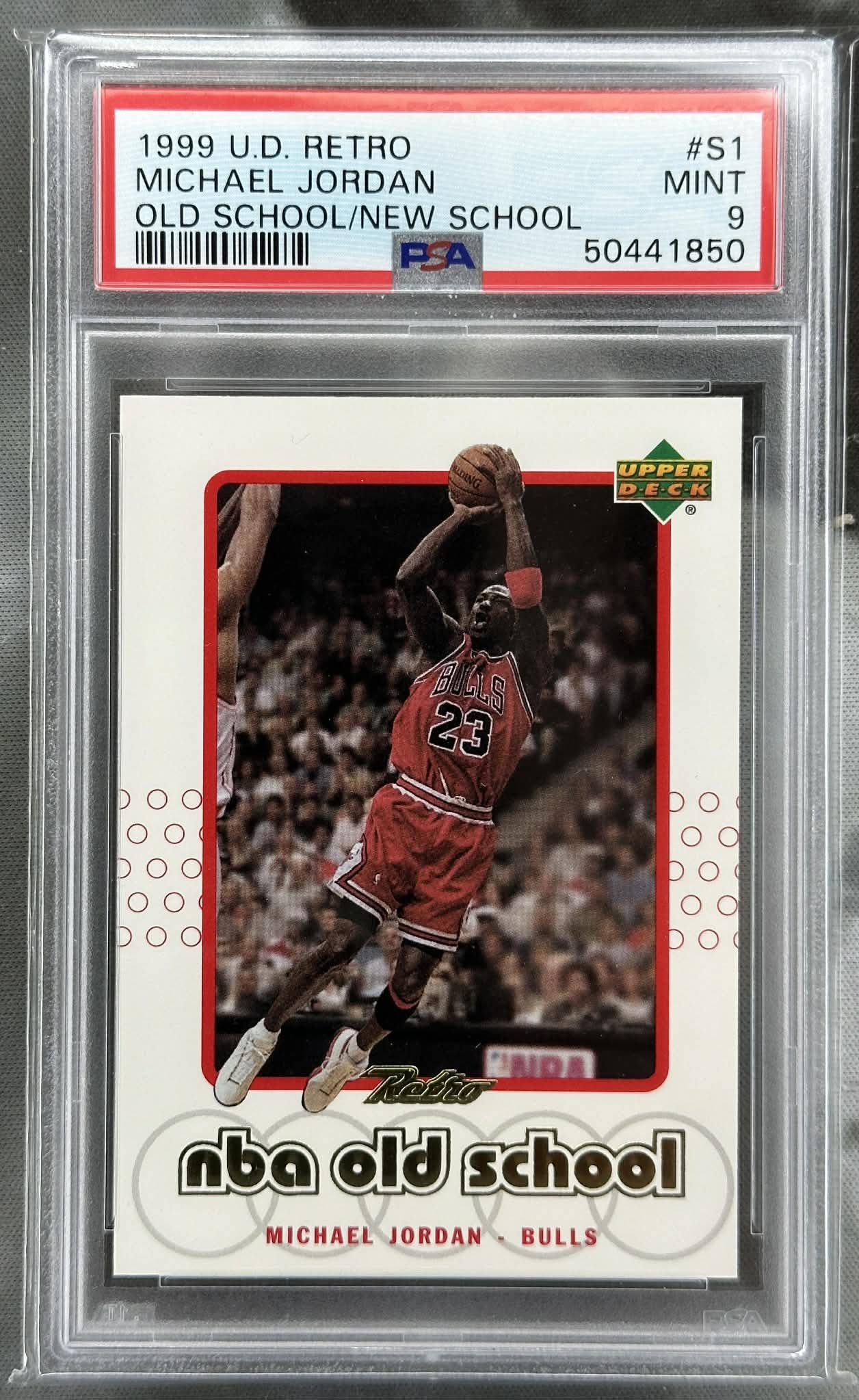 1999 Upper Deck Retro Old School New School Michael Jordan #S1 PSA 9 Mint graded basketball card