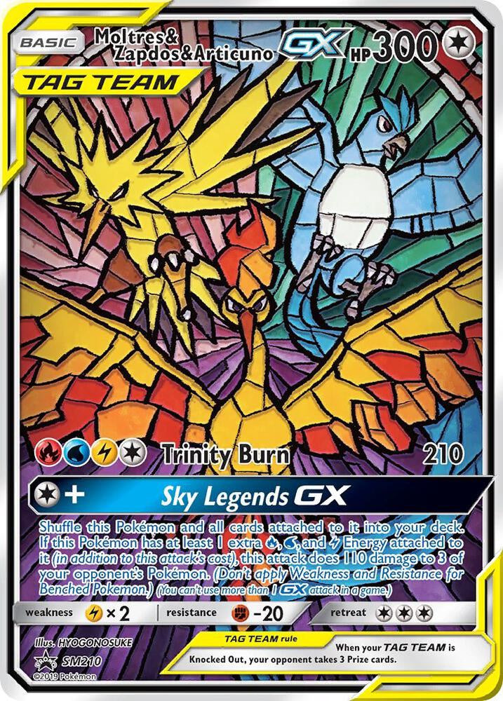 2019 Pokémon Moltres Zapdos Articuno GX SM210 Stained Glass Full Art Black Star Promo factory sealed English trading card.