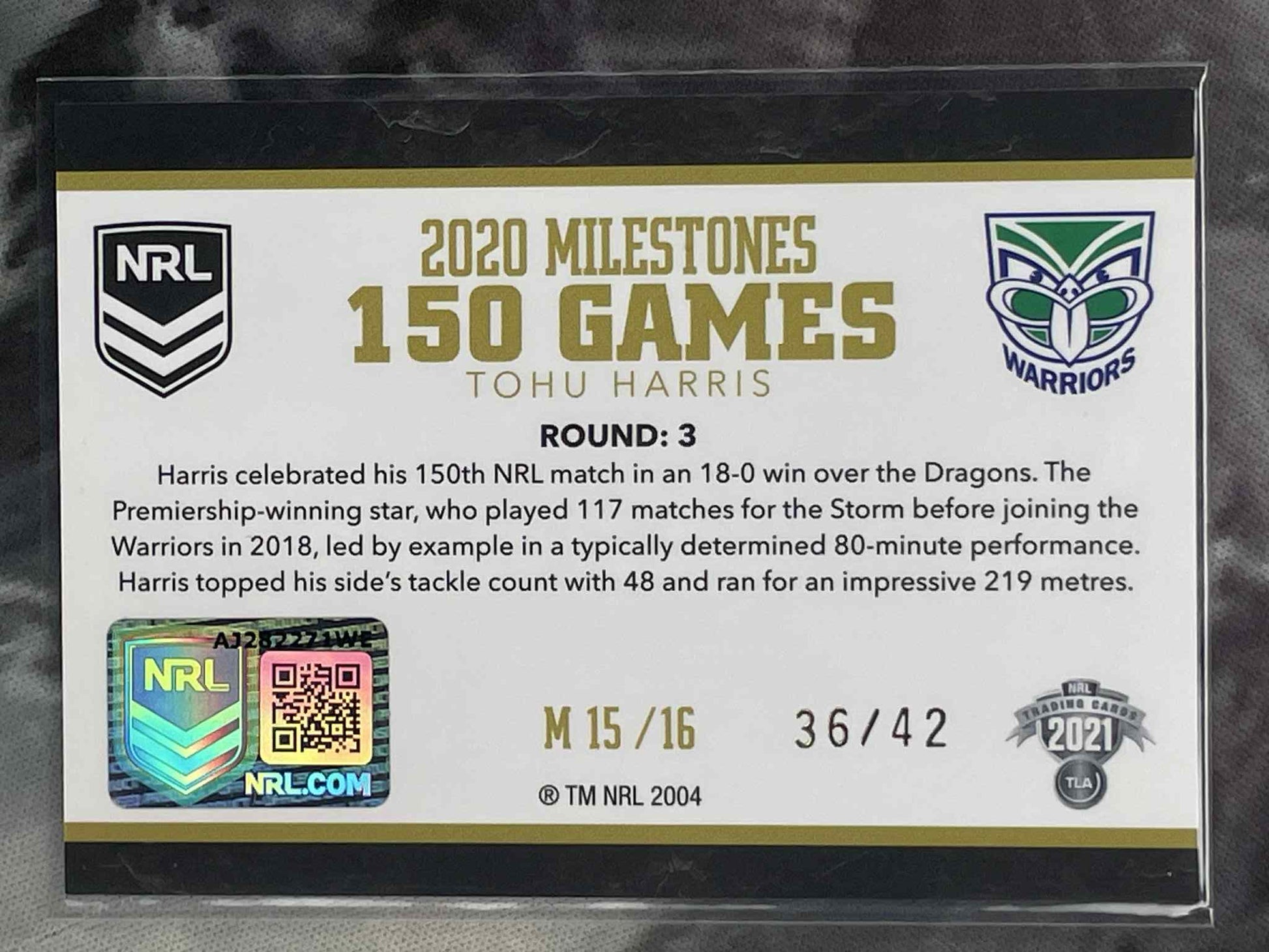 Card commemorating Tohu Harris's 150 games milestone in the NRL, featuring branding and text.