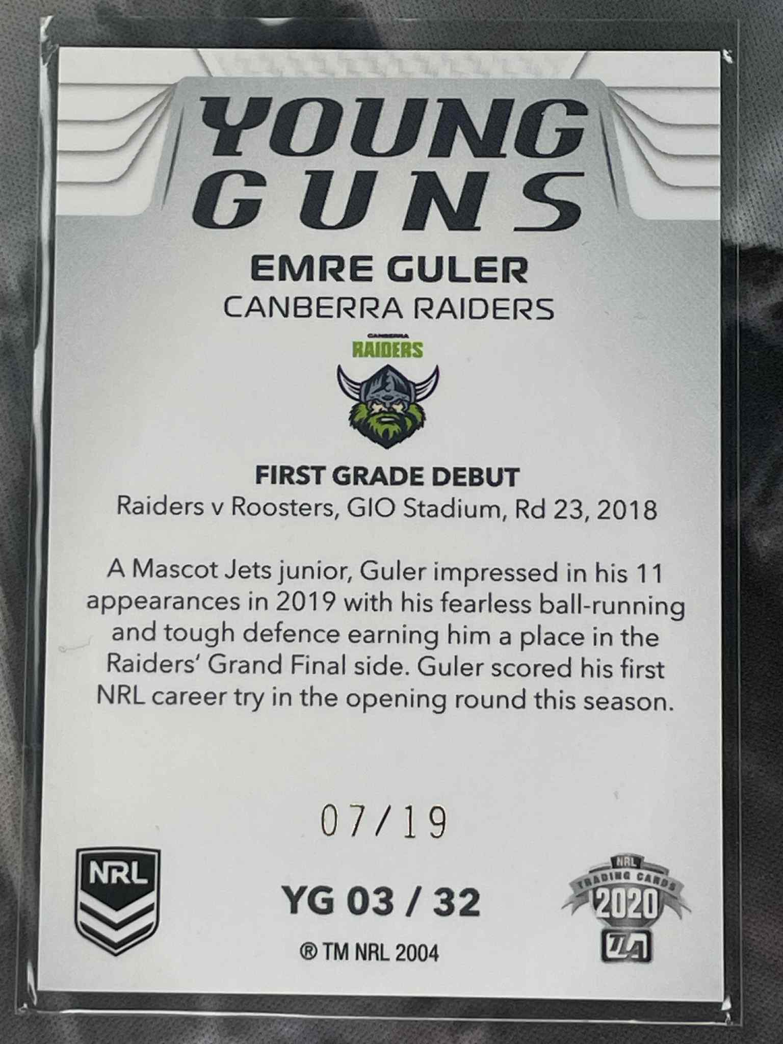 Young Guns sports card featuring Emre Guler of Canberra Raiders with text and branding.