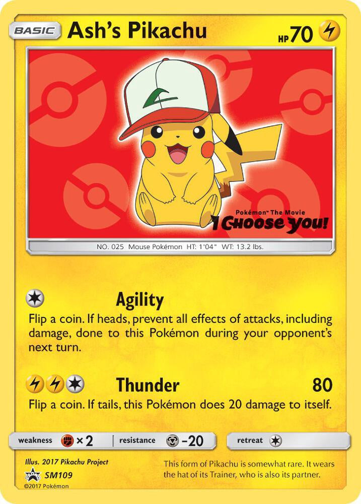 2017 Pokémon Ash's Pikachu SM109 Black Star Promo non holo English card in Near Mint condition.