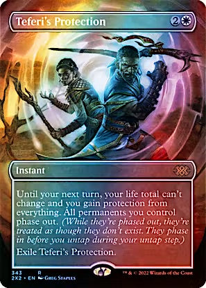 A Magic: The Gathering trading card titled 'Teferi's Protection' with fantasy artwork showing two armored figures in a glowing purple and orange scene. The card includes an Instant type line, rules text box, mana cost symbols, and Wizards of the Coast branding at the bottom.