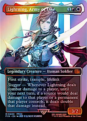 A collectible trading card featuring Lightning, Army of One from the Warhammer 40k Miniatures Expansion Set. The card has a dark brown border, a green energy cost, and an illustration of a female human soldier with a sword.