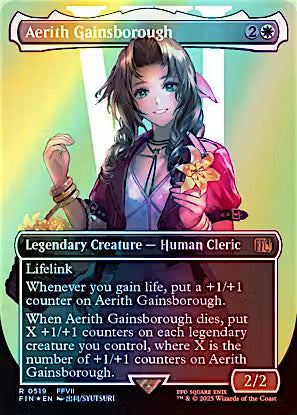 A Magic: The Gathering trading card featuring Aerith Gainsborough, a Legendary Creature - Human Cleric. The card has a green and yellow gradient background, a portrait of the character in a pink and purple outfit, and text boxes detailing its game effects.