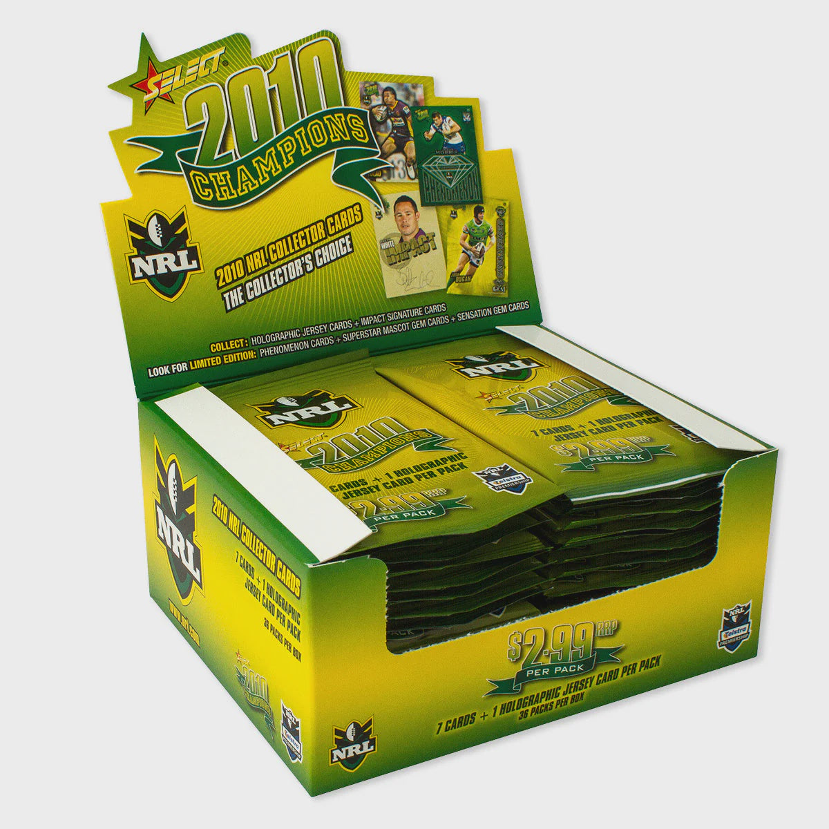2010 Select NRL Champions Booster Box factory sealed with 36 packs featuring Diamond, Signature, Gem and Holofoil Jersey cards.