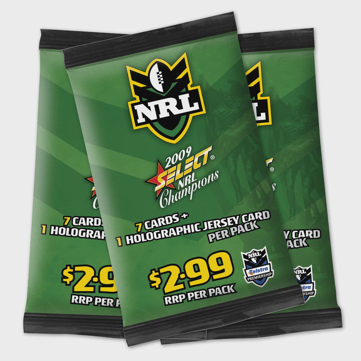 2009 Select NRL Champions Booster Pack factory sealed with 7 cards and 1 Holofoil Jersey Die-Cut trading card.
