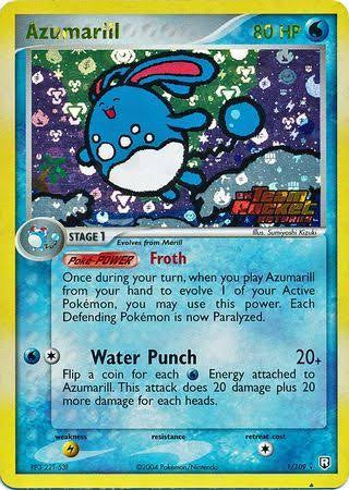 2004 Pokémon Azumarill 1/109 EX Team Rocket Returns Reverse Holo English card in Near Mint condition.