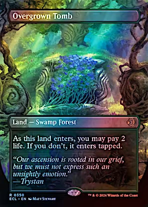 Magic: The Gathering trading card titled 'Overgrown Tomb' from the Core Set 2024. The card is a Land - Swamp Forest type, featuring a dark fantasy illustration of a glowing blue flower bush surrounded by green and purple vines in a swampy forest.