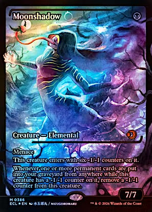 A Magic: The Gathering trading card titled Moonshadow, featuring a dark fantasy illustration of a blue spectral creature in a stormy landscape. The card includes game text, mana cost symbols, and the Wizards of the Coast copyright notice.