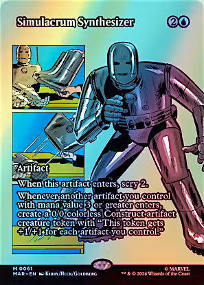 A Marvel trading card titled 'Simulacrum Synthesizer' featuring an armored character in metallic silver and purple armor on a rainbow gradient background, with card text boxes and Marvel/Wizards copyright text visible.