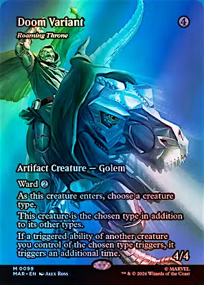 Magic: The Gathering trading card featuring the 'Doom Variant' artifact creature, an Axie Boss. The card has a blue and green color identity with a blue dominant hex, and is shown against a dark background with the card text fully legible.