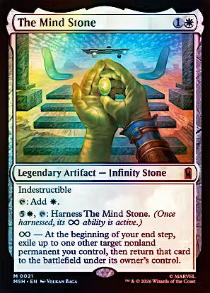 A Magic: The Gathering trading card titled "The Mind Stone" from the Exodus expansion, featuring a fantasy illustration of a hand holding a glowing stone over blue stair-like structures. The card frame is light gray with black text and a small mana cost symbol in the top right.