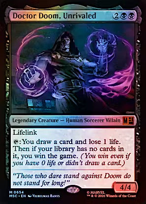 A Magic: The Gathering trading card titled "Doctor Doom, Unrivaled" from the Marvel expansion. The card features artwork of Doctor Doom with purple energy effects, a black frame, and a cream text box with rules text.