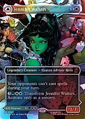 A Marvel trading card featuring Jennifer Walters, a Human Advisor Hero from the Marvel Champions universe. The card has a dark blue border, a green-skinned female character illustration in the center, and text detailing her abilities.