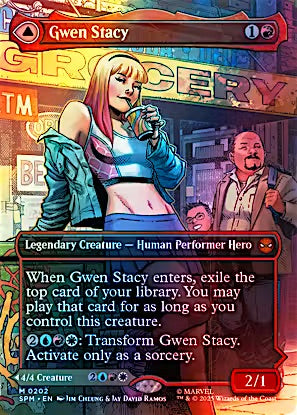 A collectible trading card featuring Gwen Stacy from Marvel, with illustrated artwork of her in a grocery store setting and card text detailing her as a legendary creature human performer hero.