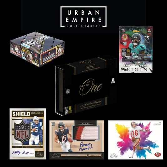 Collection of sports trading cards and packaging with Urban Empire Collectibles branding on a black background.
