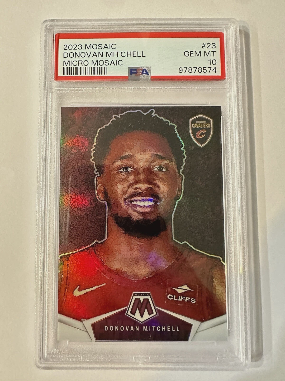 Product image of 2023-24 Panini Mosaic Donovan Mitchell Micro Mosaic SSP Case Hit PSA 10 – Cavaliers