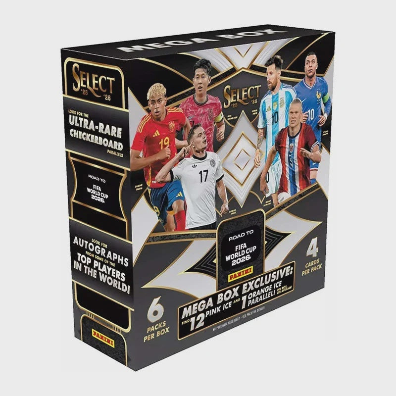 2026 Panini Select Road to FIFA World Cup Soccer Mega Box with Pink Ice and numbered parallels.