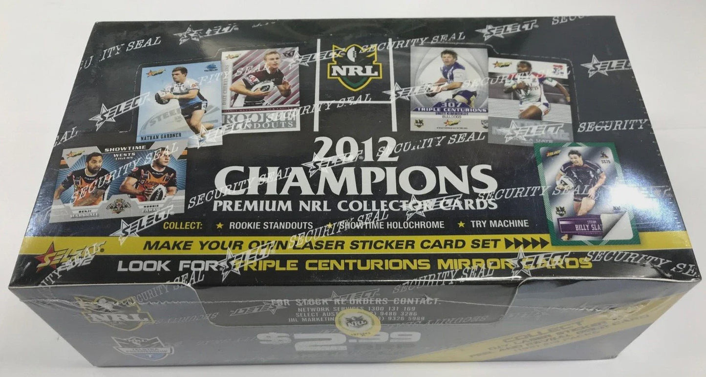 2012 Select NRL Champions Booster Box factory sealed featuring the complete 196-card base set and exclusive inserts.