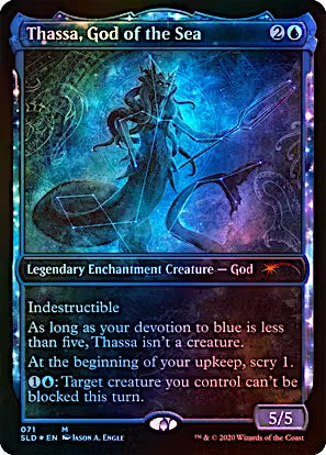 Magic: The Gathering trading card titled 'Thassa, God of the Sea' from the Scythe of Agathon expansion set. The card features a blue frame with a dark, fantasy-style illustration of a sea monster, and text detailing its legendary enchantment creature status and abilities.