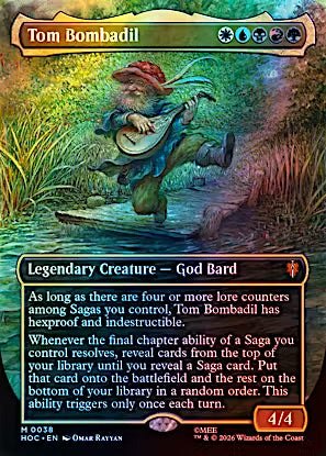 A Magic: The Gathering trading card featuring Tom Bombadil as a God Bard Legendary Creature. The card has a green frame, a detailed illustration of Tom playing a lute in a forest, and text describing his properties from the game.