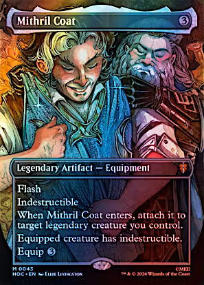 Mithril Coat Borderless Foil #43 from The Hobbit: Eternal-Legal (HOC) Near Mint Mythic Rare Magic: The Gathering legendary Equipment featuring premium foil artwork.