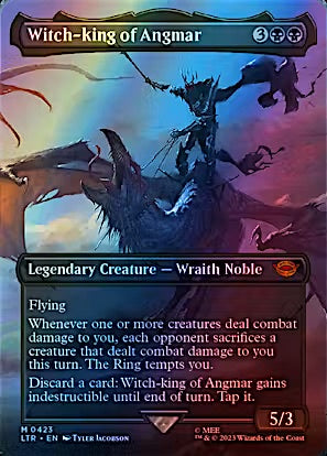 Magic: The Gathering trading card for 'Witch-king of Angmar', a Legendary Creature - Wraight Noble from the Mox Journey set. The card features a dark brown frame with black text and a colorful fantasy illustration of a winged figure riding a dark creature against a blue and purple sky.