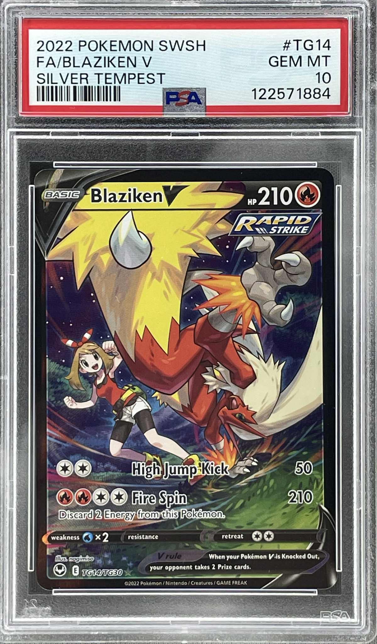 Blaziken V TG14/TG30 from Pokémon SWSH Silver Tempest, graded PSA 10, featuring collectible Secret Rare artwork.