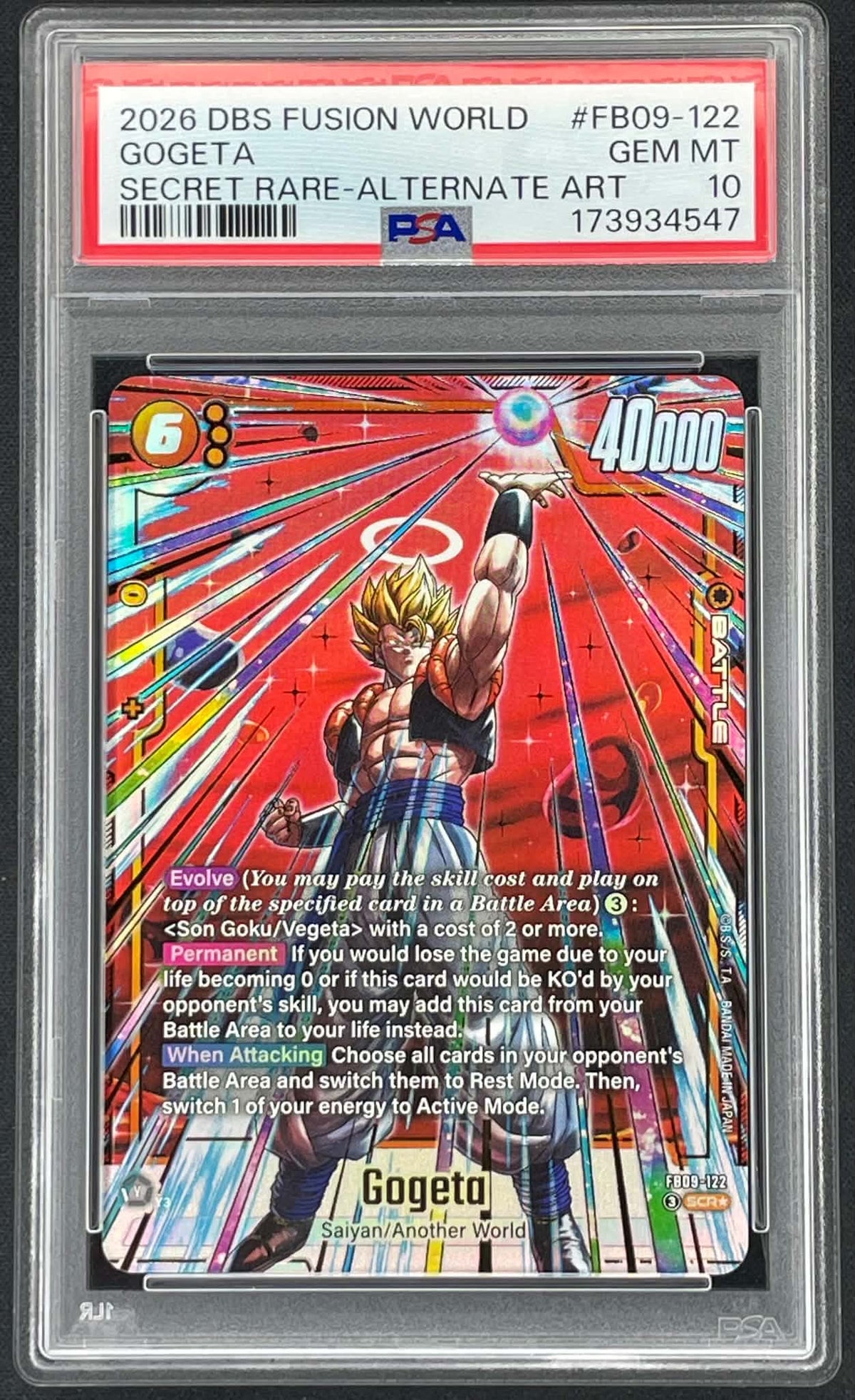 Gogeta FB09-122 Secret Rare Alternate Art Dual Evolution Dragon Ball Super Fusion World card graded PSA 10 Gem Mint