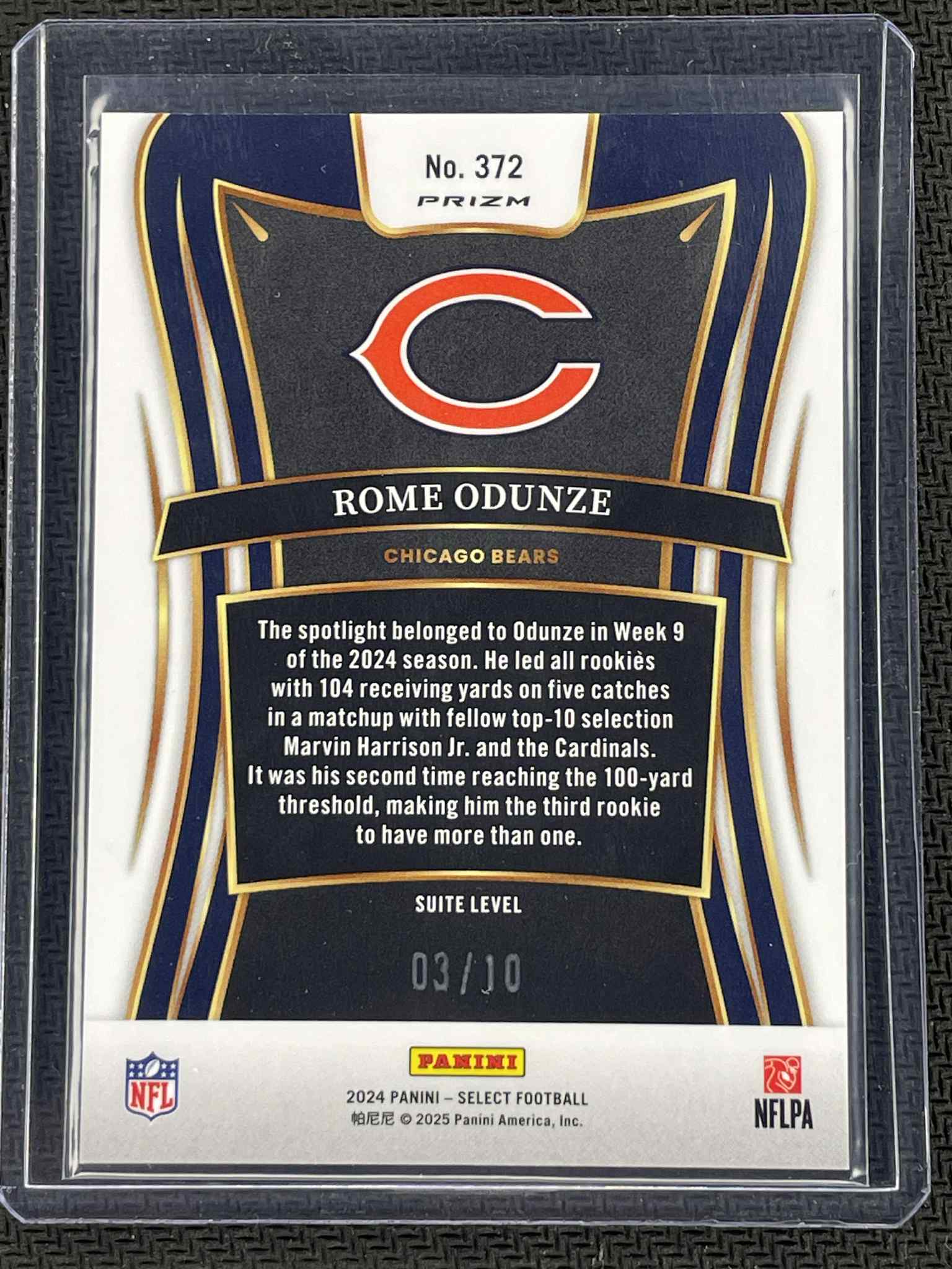 Trading card of Rome Odunze for the Chicago Bears, featuring details and branding.