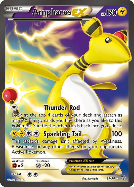2015 Pokémon XY Ancient Origins Ampharos EX 87/98 Full Art Ultra Rare textured holographic trading card in Very Lightly Played condition.