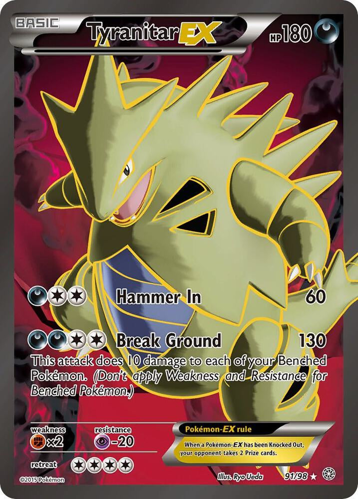 2015 Pokémon XY Ancient Origins Tyranitar-EX 91/98 Full Art Ultra Rare Holo trading card.