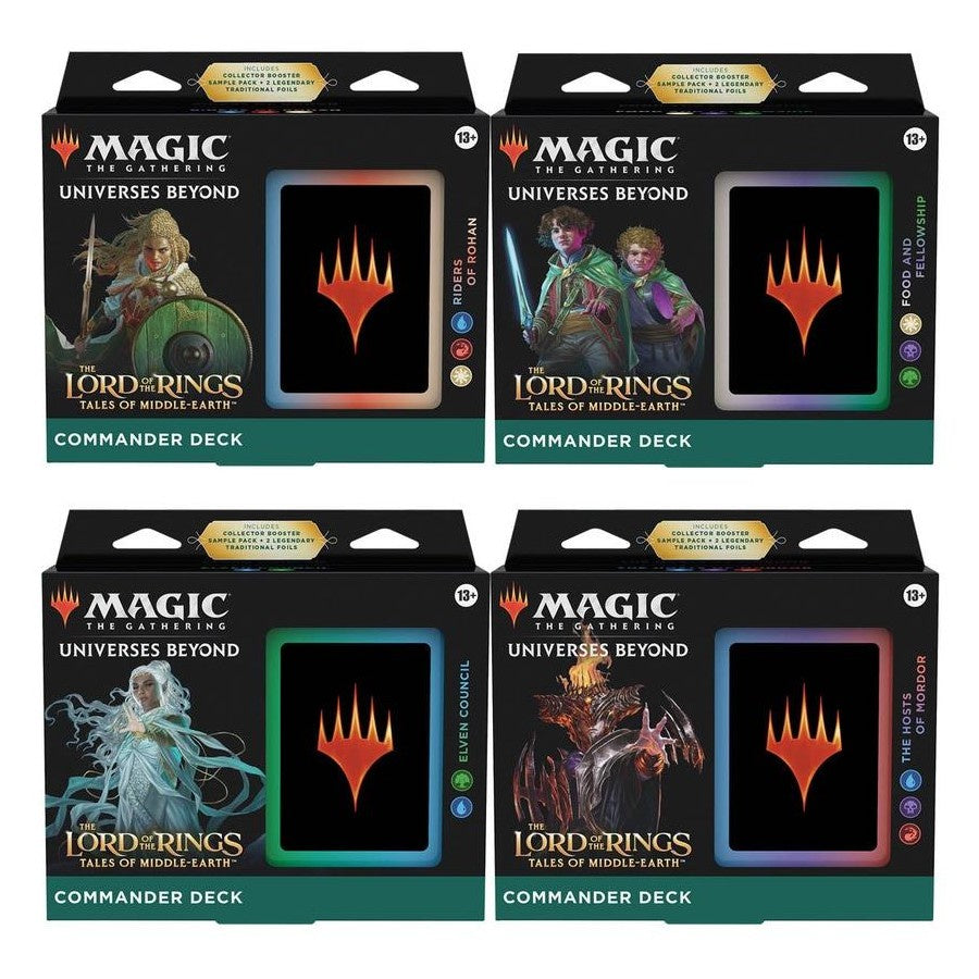 Four boxes of 'Magic: The Gathering' Lord of the Rings cards on a white background