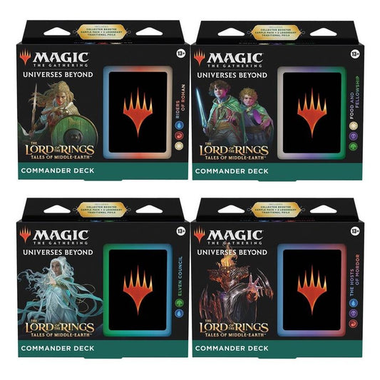 Four boxes of 'Magic: The Gathering' Lord of the Rings cards on a white background