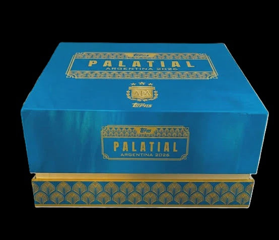 2026 Topps Palatial Argentina Soccer Hobby Box featuring five premium encased football trading cards with autographs, relics and numbered inserts.
