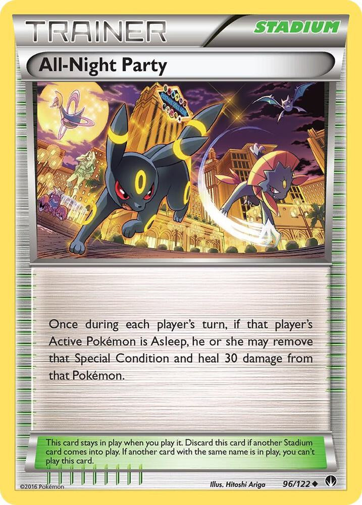 Pokémon All-Night Party 96/122 Reverse Holo Trainer Stadium card from XY BREAKpoint in Near Mint condition.