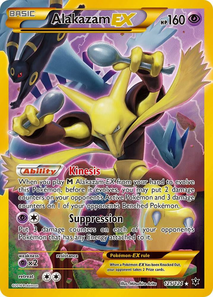 2016 Pokémon Fates Collide Alakazam EX 125/124 Secret Rare Full Art Holo featuring Umbreon and Lugia, Moderately Played.