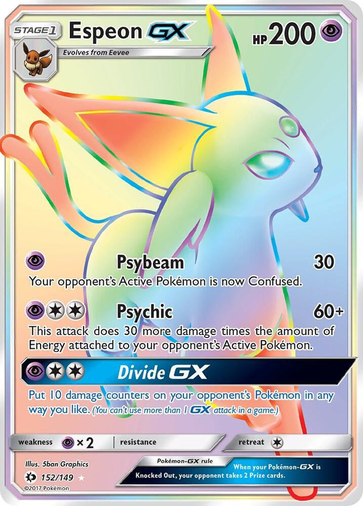 2017 Pokémon Espeon GX 152/149 Sun & Moon Base Set Secret Rare Rainbow Holo English card in Near Mint condition.