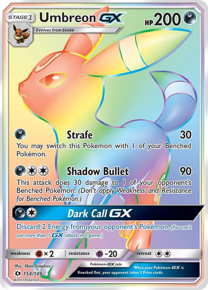 2017 Pokémon Umbreon GX Rainbow Secret Rare 154/149 holo card in Lightly Played condition.