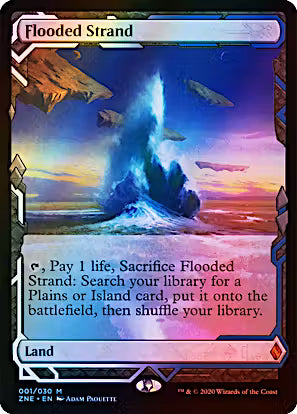 Flooded Strand Zendikar Rising Expeditions Foil premium fetch land for Magic: The Gathering.