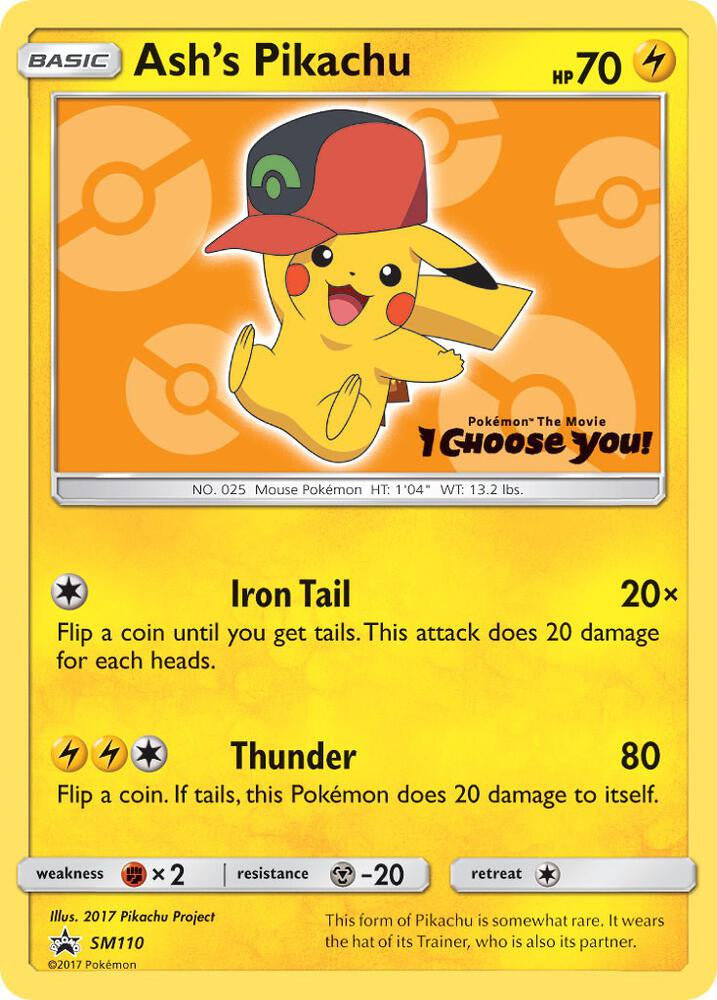 2017 Pokémon Ash's Pikachu SM110 Black Star Promo non holo English card in Very Lightly Played condition.