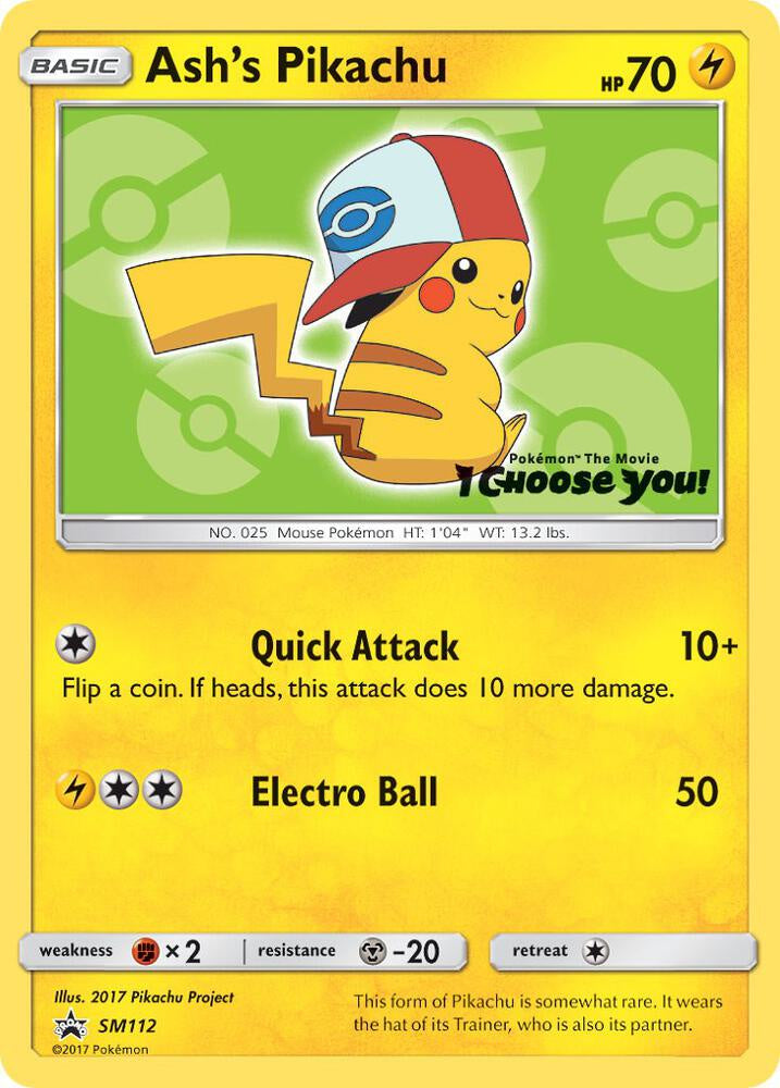2017 Pokémon Ash's Pikachu SM112 Black Star Promo non holo English card in Near Mint condition.