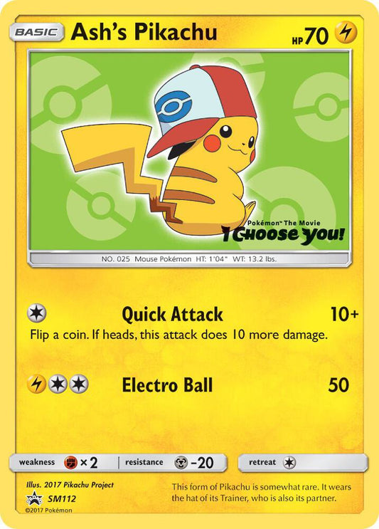 2017 Pokémon Ash's Pikachu SM112 Black Star Promo non holo English card in Near Mint condition.