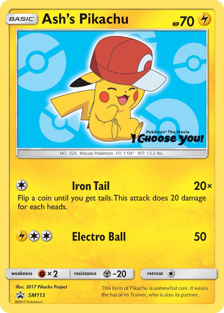 2017 Pokémon Ash's Pikachu SM113 Black Star Promo holo English card in Very Lightly Played condition.