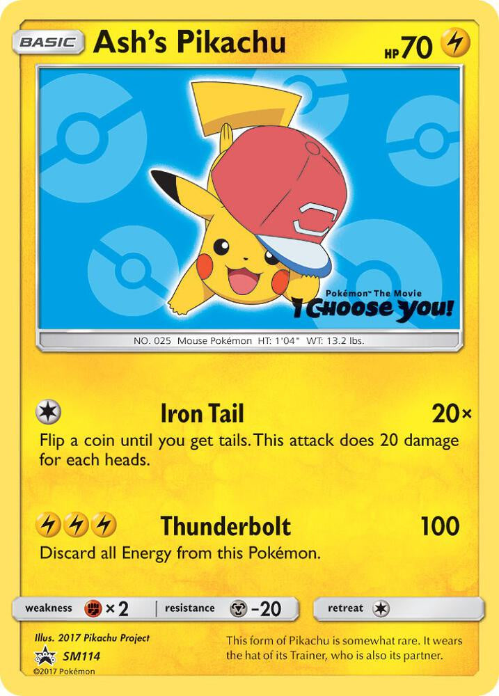 2017 Pokémon Ash's Pikachu SM114 Black Star Promo holo English card in Near Mint condition.